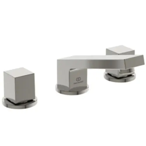 Waschtischarmatur mit drei Anschlüssen und quadratischen Bedienelementen in Silber, Marke Ideal Standard, auf einem neutralen Hintergrund dargestellt.